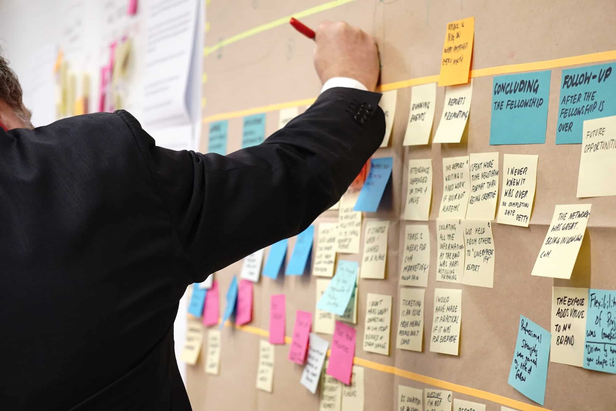 A photo of someone in a suit putting multi-colored sticky notes onto a board.
